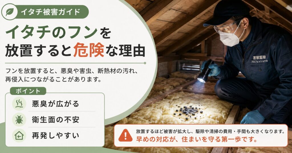 イタチのフンを放置すると悪臭や衛生面の不安、断熱材の汚れや屋根裏被害につながることを解説する画像