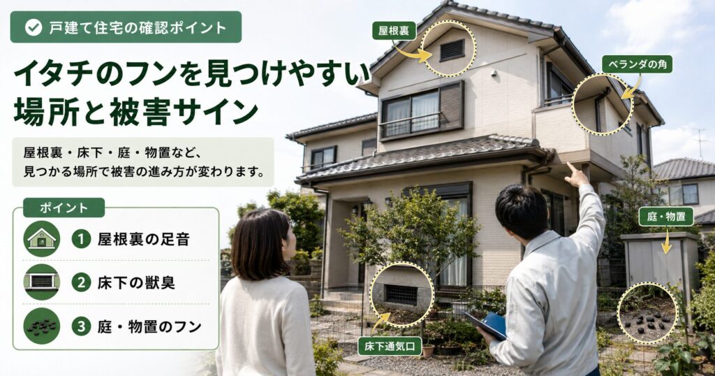 イタチのフンが見つかりやすい屋根裏、床下、換気口、軒下、物置まわりと被害サインを示した画像