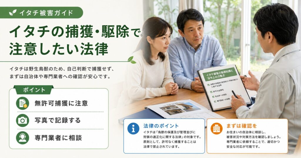 イタチの捕獲や駆除では法律上の注意があり、自己判断せず自治体や専門業者へ確認する重要性を解説する画像