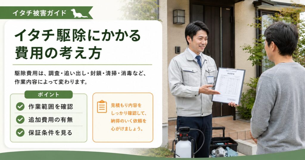 イタチ駆除の費用が、被害場所、侵入口の数、清掃や封鎖の範囲によって変わることを説明する画像