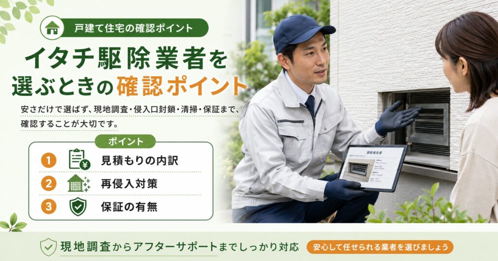 イタチ駆除業者を選ぶ際に、見積りの内訳、再発防止の説明、対応範囲や保証内容を確認するポイントを示した画像