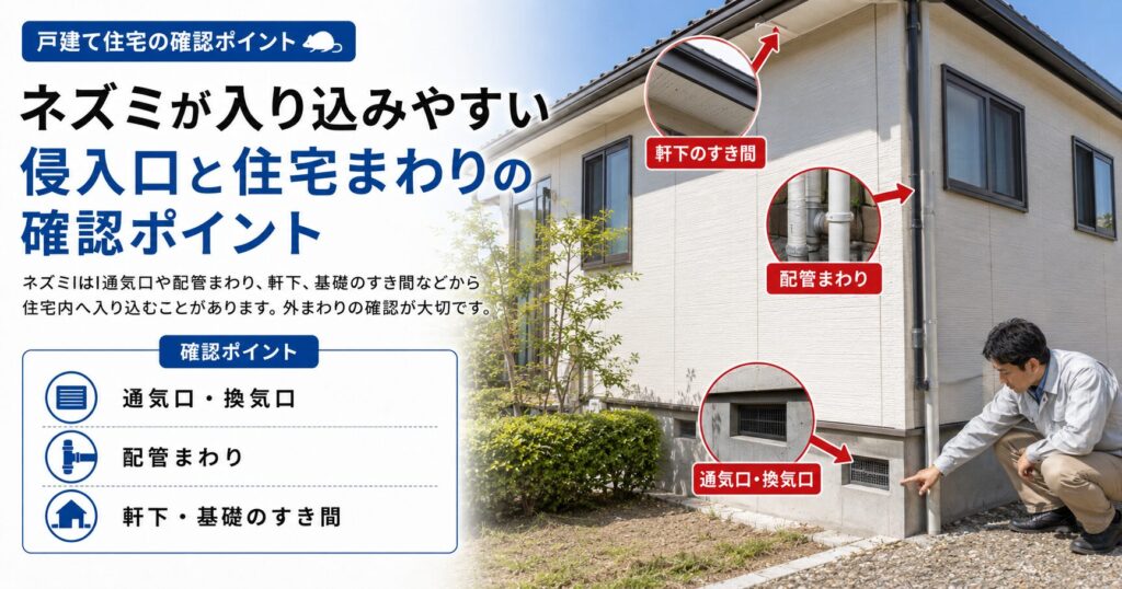 ネズミが住宅に入り込みやすい通気口、換気口、配管まわり、軒下、基礎のすき間などの侵入口と確認ポイントを説明する画像