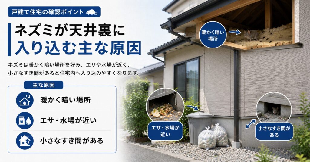 ネズミが暖かく暗い天井裏を好み、エサや水場が近く、小さなすき間があることで住宅内に入り込みやすくなる原因を説明する画像