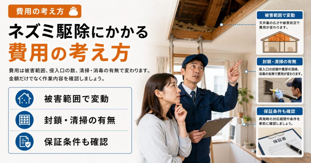 ネズミ駆除にかかる費用の考え方を説明する画像。被害範囲、侵入口の数、封鎖作業、清掃や消毒の有無、保証条件によって費用が変わることを示している