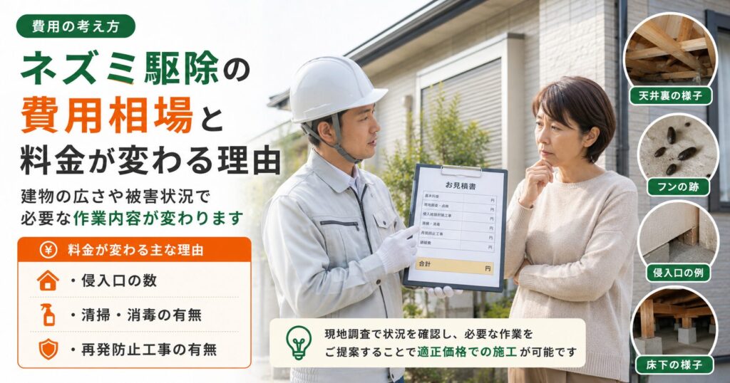 ネズミ駆除の費用が、侵入口の数、清掃や消毒の有無、再発防止工事の有無によって変わる理由を説明する画像