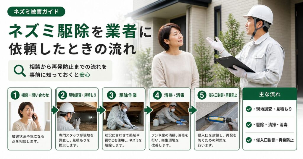ネズミ駆除を業者に依頼した際の相談、現地調査、見積もり、駆除、清掃、消毒、侵入口封鎖までの流れを説明する画像