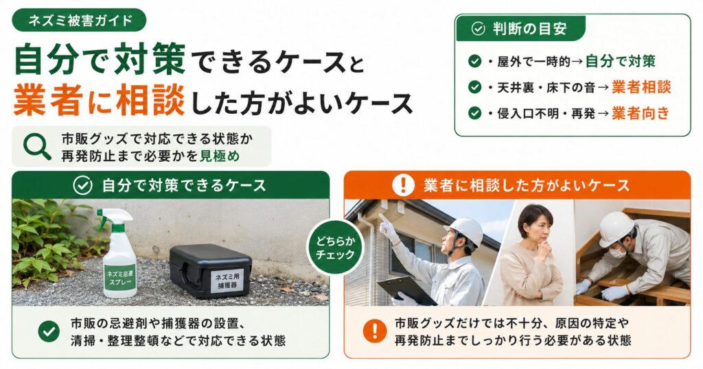 ネズミ被害で市販グッズで対策できるケースと、天井裏や床下の音、侵入口不明など業者に相談すべきケースを比較した画像