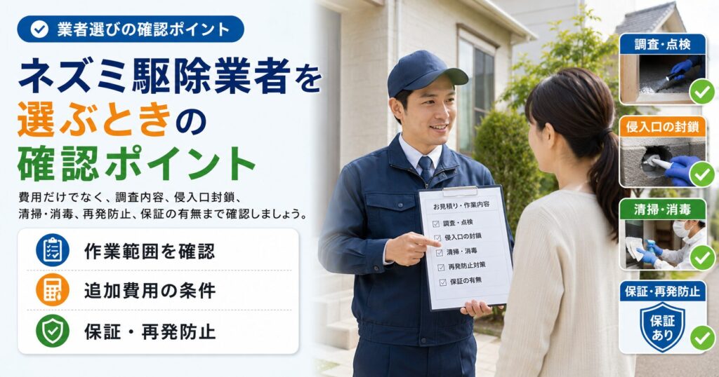ネズミ駆除業者を選ぶときに確認したいポイントを解説する画像。調査や点検の有無、侵入口封鎖、清掃や消毒、再発防止、保証内容の確認項目をまとめている