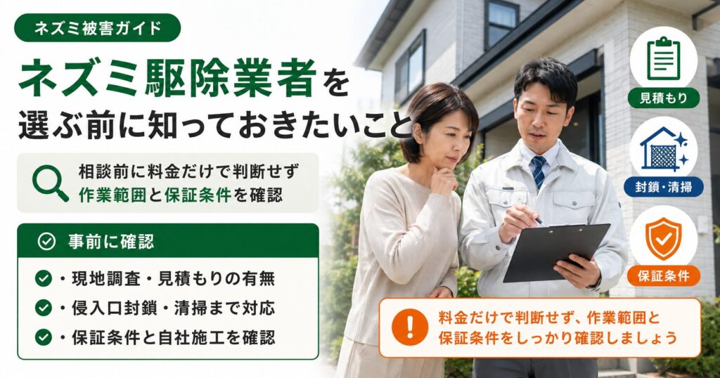 ネズミ駆除業者を選ぶ前に、現地調査や見積もり、侵入口封鎖、清掃対応、保証条件を確認する重要性を説明する画像