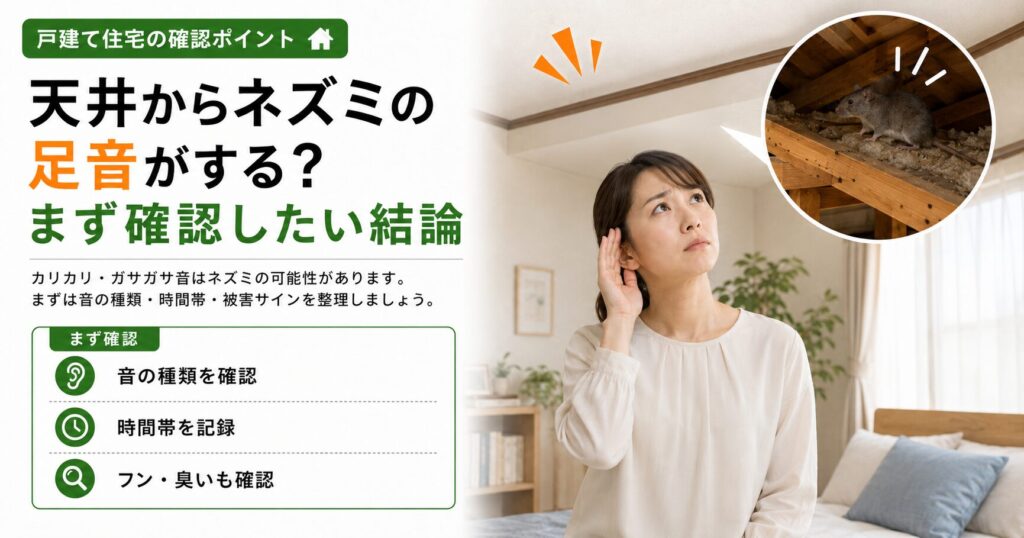 天井からカリカリ音やガサガサ音がするときに、ネズミの可能性と確認したい音の種類・時間帯・被害サインをわかりやすく説明する画像