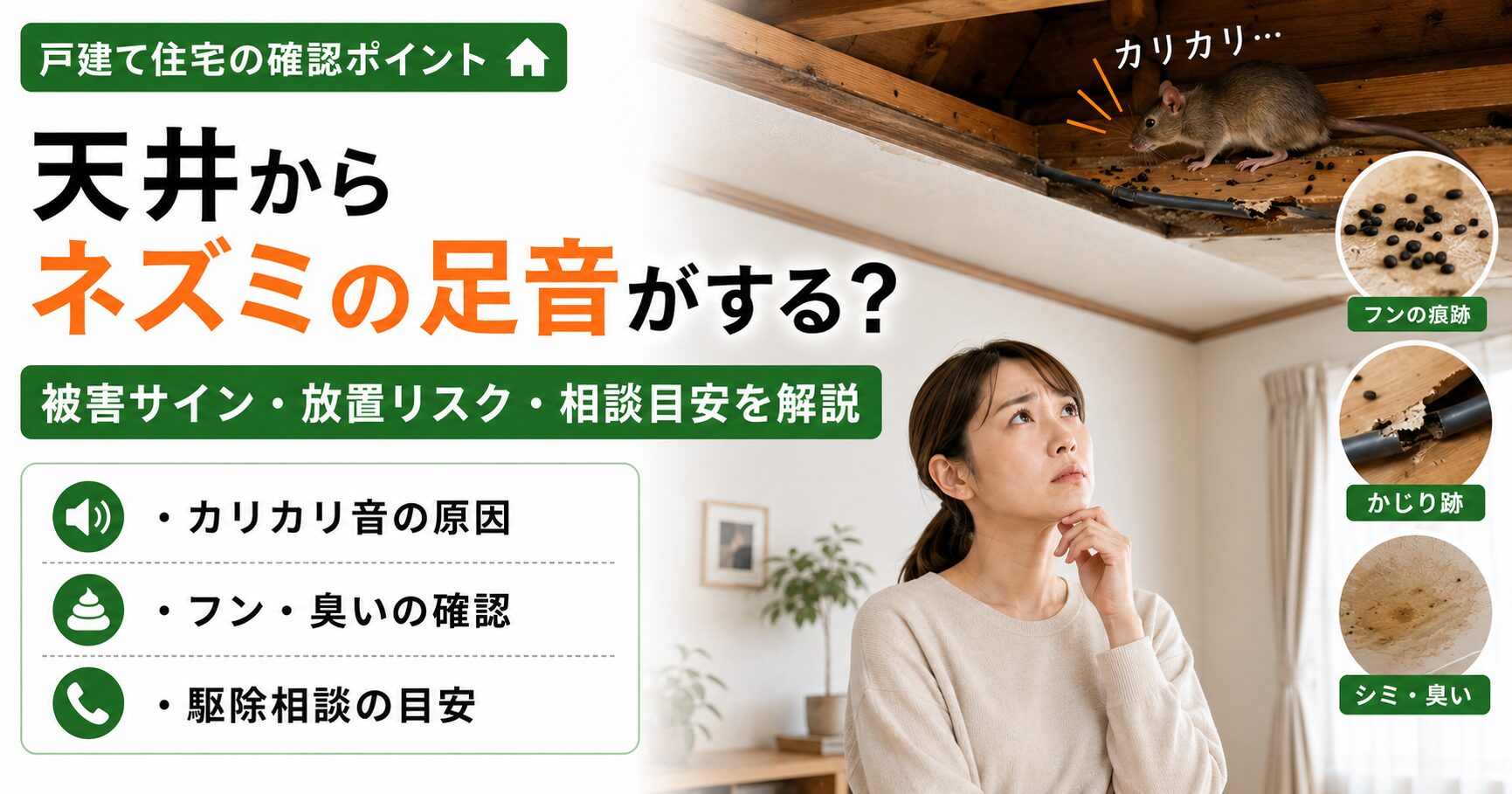 天井からネズミの足音がする場合に確認したい、カリカリ音の原因、フンや臭いなどの被害サイン、放置リスク、駆除相談の目安を説明するアイキャッチ画像