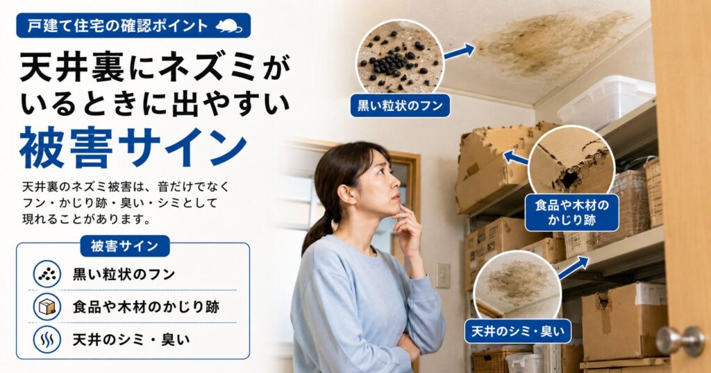 天井裏にネズミがいる場合に出やすいフン、食品や木材のかじり跡、天井のシミや臭いなどの被害サインを説明する画像