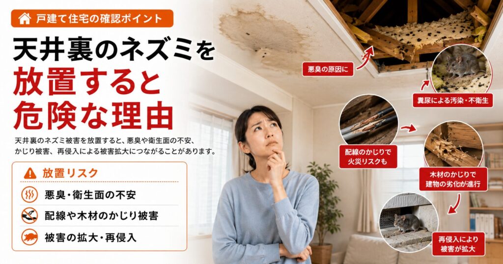 天井裏のネズミ被害を放置すると、フン尿による悪臭や衛生面の不安、配線や木材のかじり被害、再侵入による被害拡大につながることを説明する画像