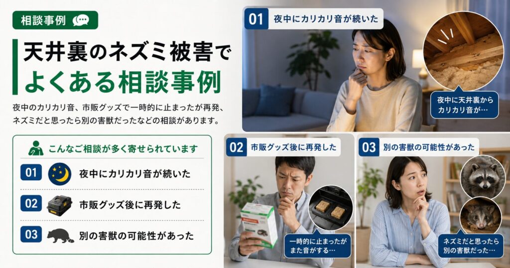 天井裏のネズミ被害で実際によくある相談事例を紹介する画像。夜中にカリカリ音が続くケース、市販グッズ後に再発したケース、別の害獣だったケースをまとめている