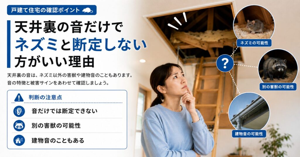 天井裏の音がネズミだけでなく、他の害獣や建物音の可能性もあるため、音だけで断定せず被害サインもあわせて確認することを説明する画像