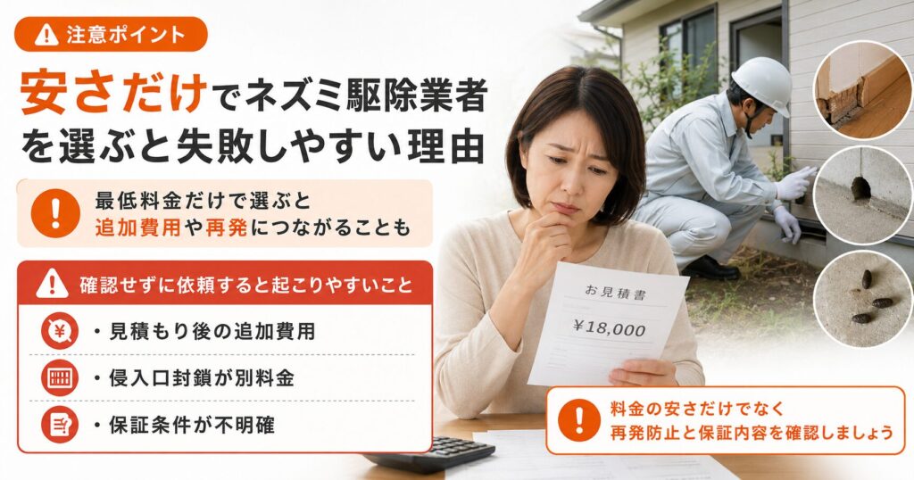 ネズミ駆除業者を最低料金だけで選ぶと、追加費用や侵入口封鎖の別料金、保証条件の不明確さにつながる可能性を説明する画像