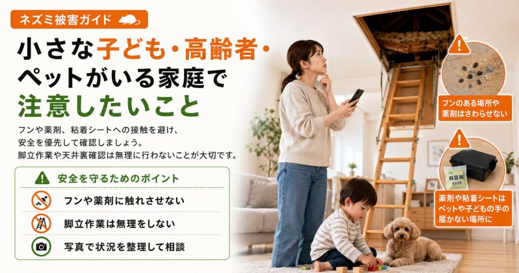 小さな子どもや高齢者、ペットがいる家庭で、ネズミ被害に対応するときの注意点を説明する画像。フンや薬剤に触れさせないことや安全を優先した確認方法をまとめている