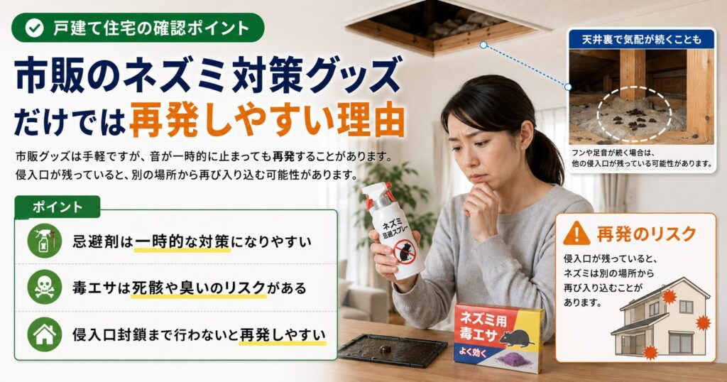 市販のネズミ対策グッズだけでは再発しやすい理由を説明する画像。忌避剤や粘着シート、毒エサは一時的な対策になりやすく、侵入口封鎖や再発防止が重要であることを解説している