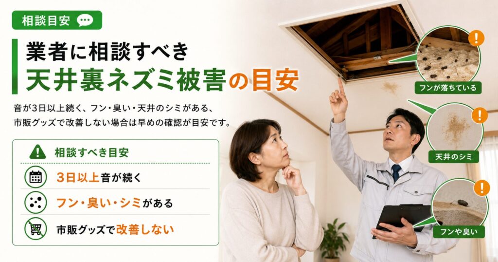 天井裏のネズミ被害で業者へ相談すべき目安を説明する画像。音が続く、フンや臭いがある、天井にシミがある、市販グッズで改善しない場合の相談目安をまとめている