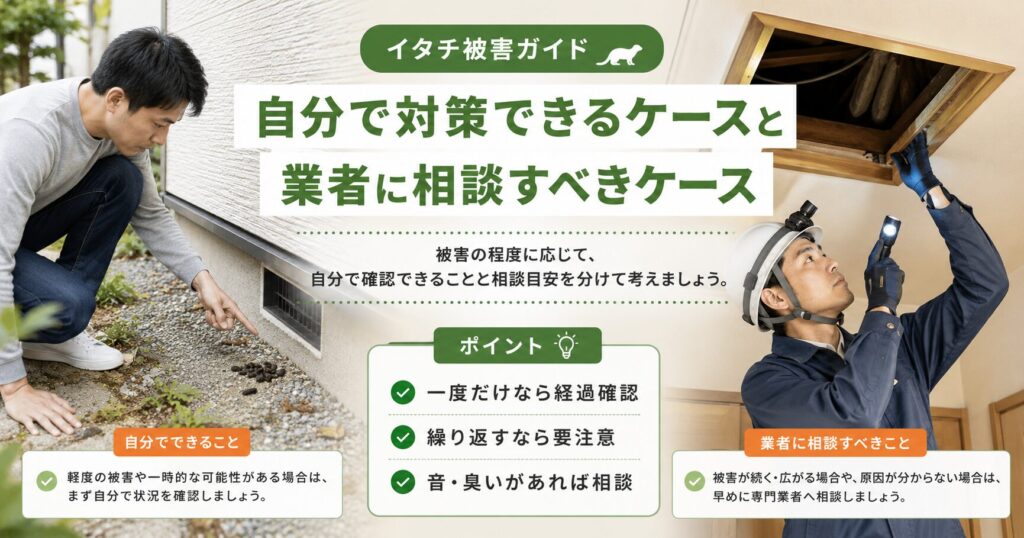 イタチ被害で自分で確認しやすい屋外の少量被害と、屋根裏や床下など業者相談が必要なケースを説明する画像