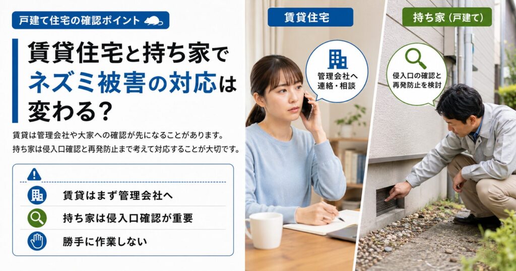 賃貸住宅と持ち家でネズミ被害の対応方法が異なることを説明する画像。賃貸は管理会社や大家への相談、持ち家は侵入口確認や再発防止が重要であることを示している