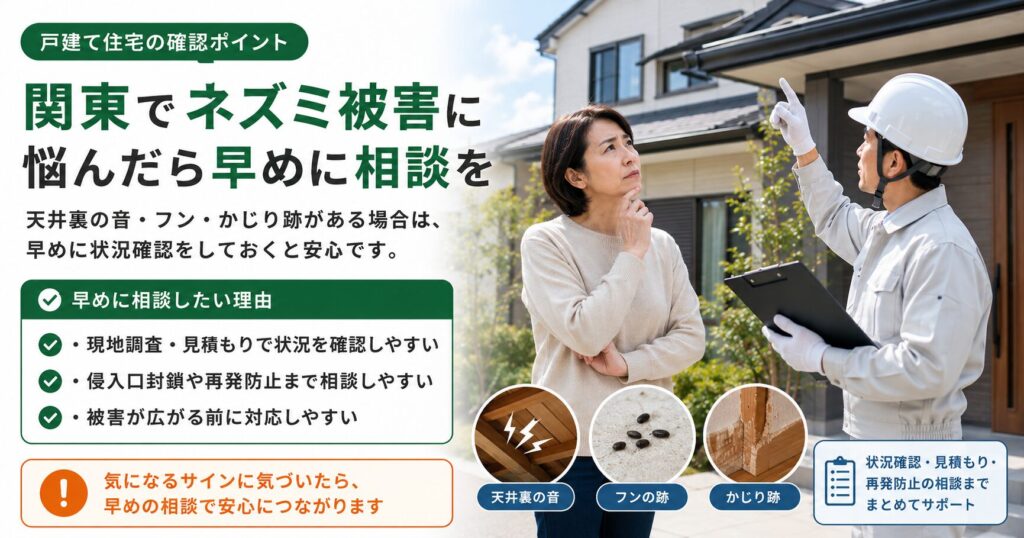 関東でネズミ被害に悩んでいる方に向けて、天井裏の音、フンの跡、かじり跡などのサインを確認し、早めに相談する重要性を説明する画像