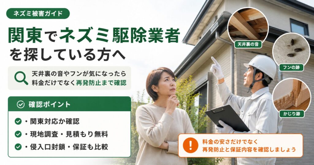 関東でネズミ駆除業者を探す際に、対応エリアや現地調査、侵入口封鎖、保証内容を確認するポイントを説明する画像
