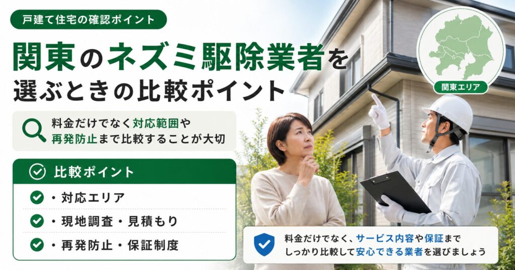 関東のネズミ駆除業者を選ぶ際に、対応エリア、現地調査、見積もり、再発防止、保証制度を比較するポイントを説明する画像