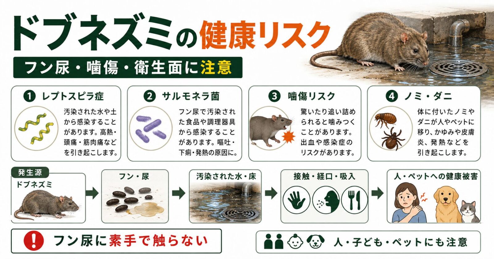 レプトスピラ症、サルモネラ菌、噛み傷、ノミ・ダニの健康リスクと、フン尿から人やペットへうつる流れを描いた図