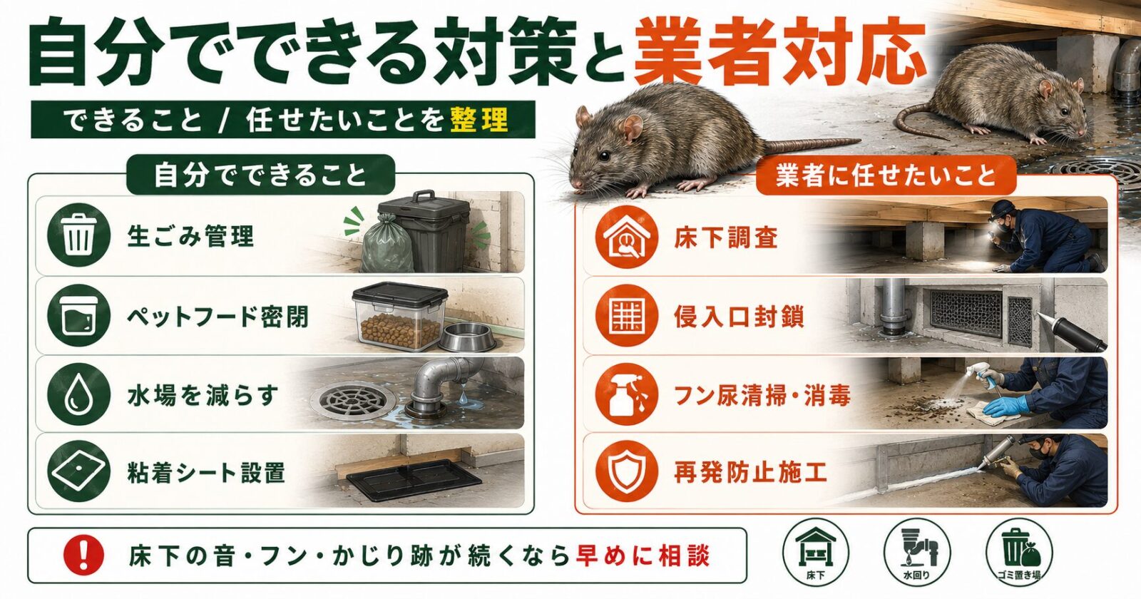 自分でできること（生ごみ管理、ペットフード密閉、水場を減らす、粘着シート設置）と、業者に任せたいこと（床下調査、侵入口封鎖、フン尿清掃・消毒、再発防止施工）を左右に並べた比較