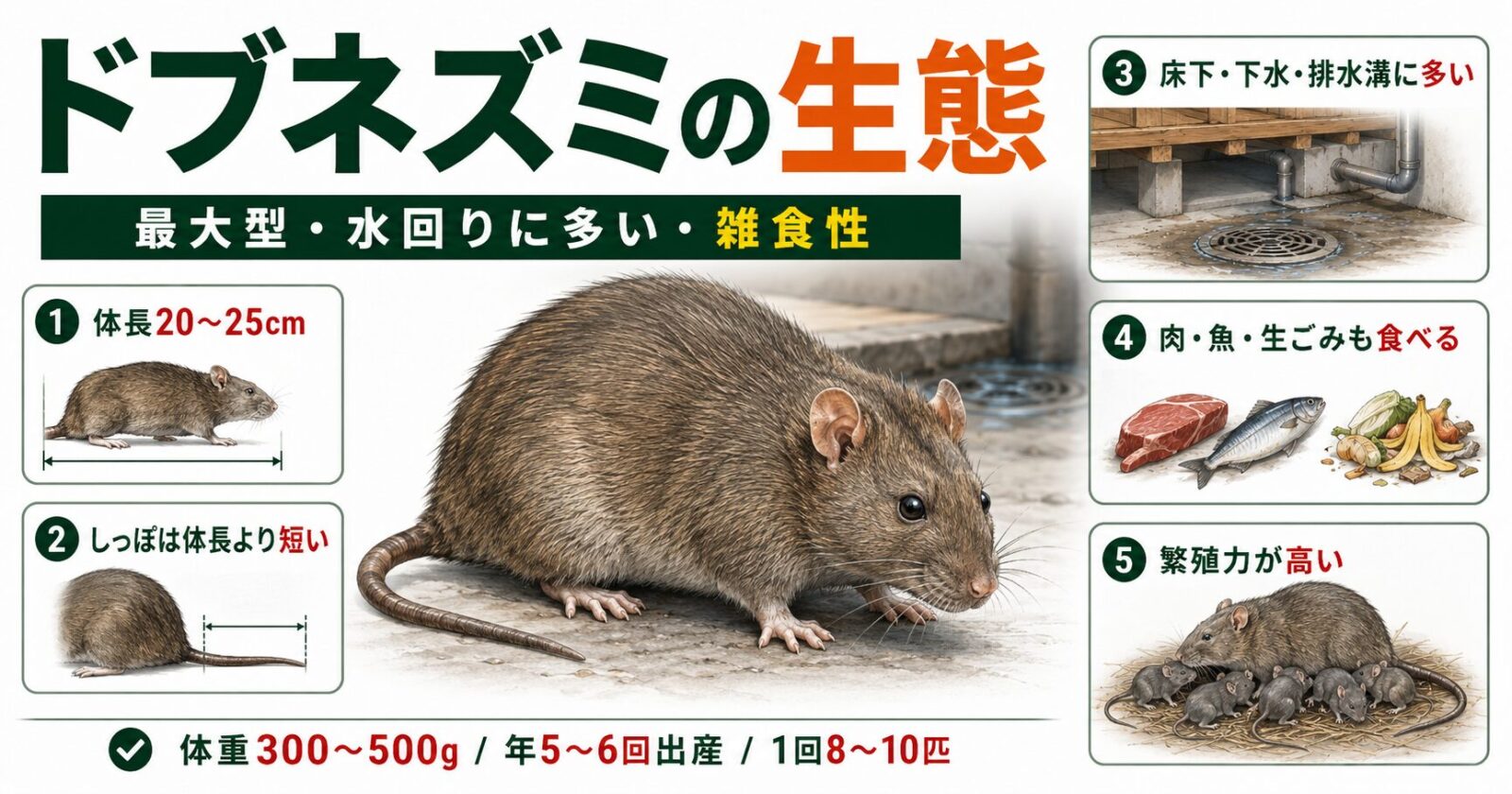 ドブネズミの生態をまとめた図解。体長20〜25cm、しっぽは体長より短い、床下・下水・排水溝に多い、肉や魚も食べる、繁殖力が高い