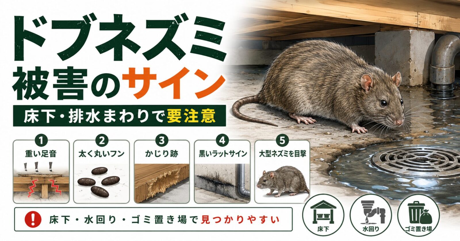 排水口のそばにいるドブネズミの絵と、重い足音・太く丸いフン・かじり跡・黒いラットサイン・大型ネズミの目撃を並べた一覧