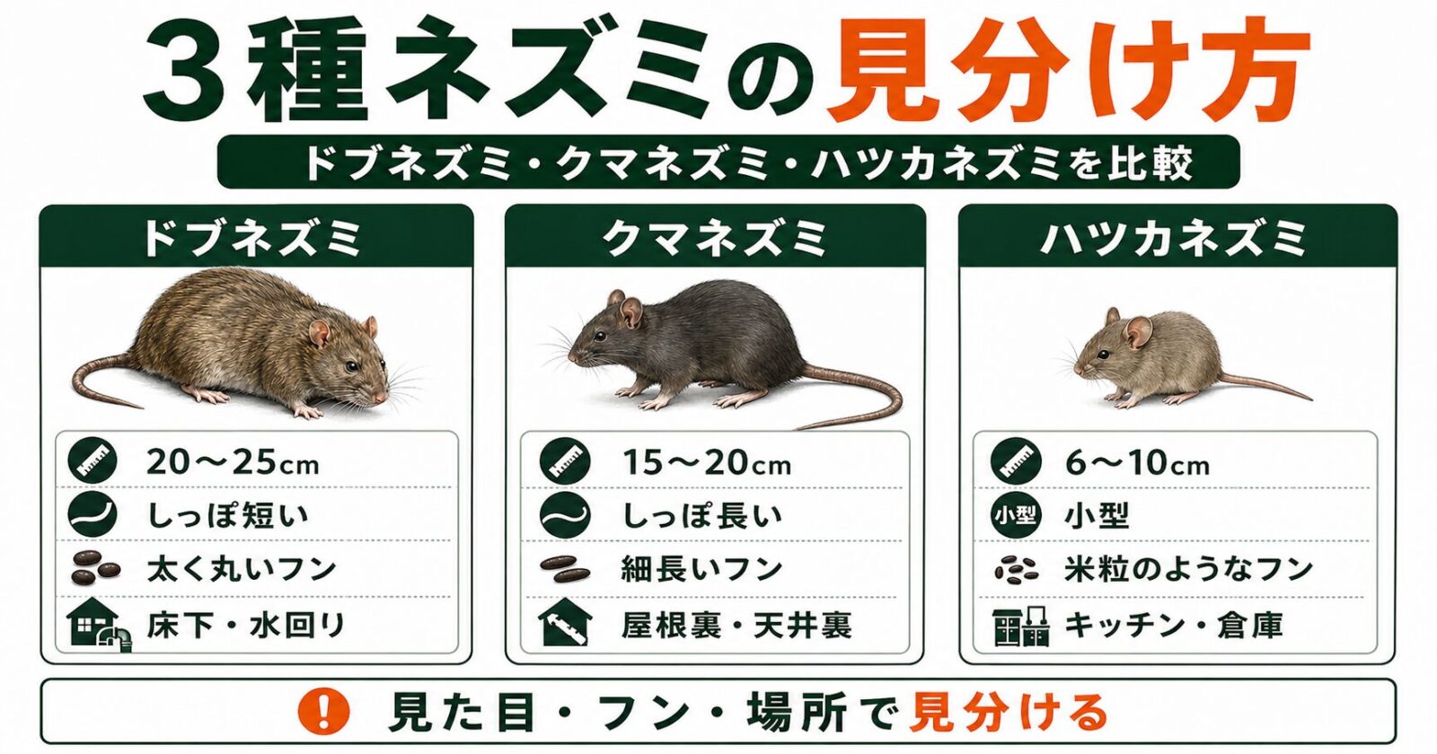 ドブネズミ、クマネズミ、ハツカネズミの大きさ・しっぽ・フン・すみかを3列で比べた表