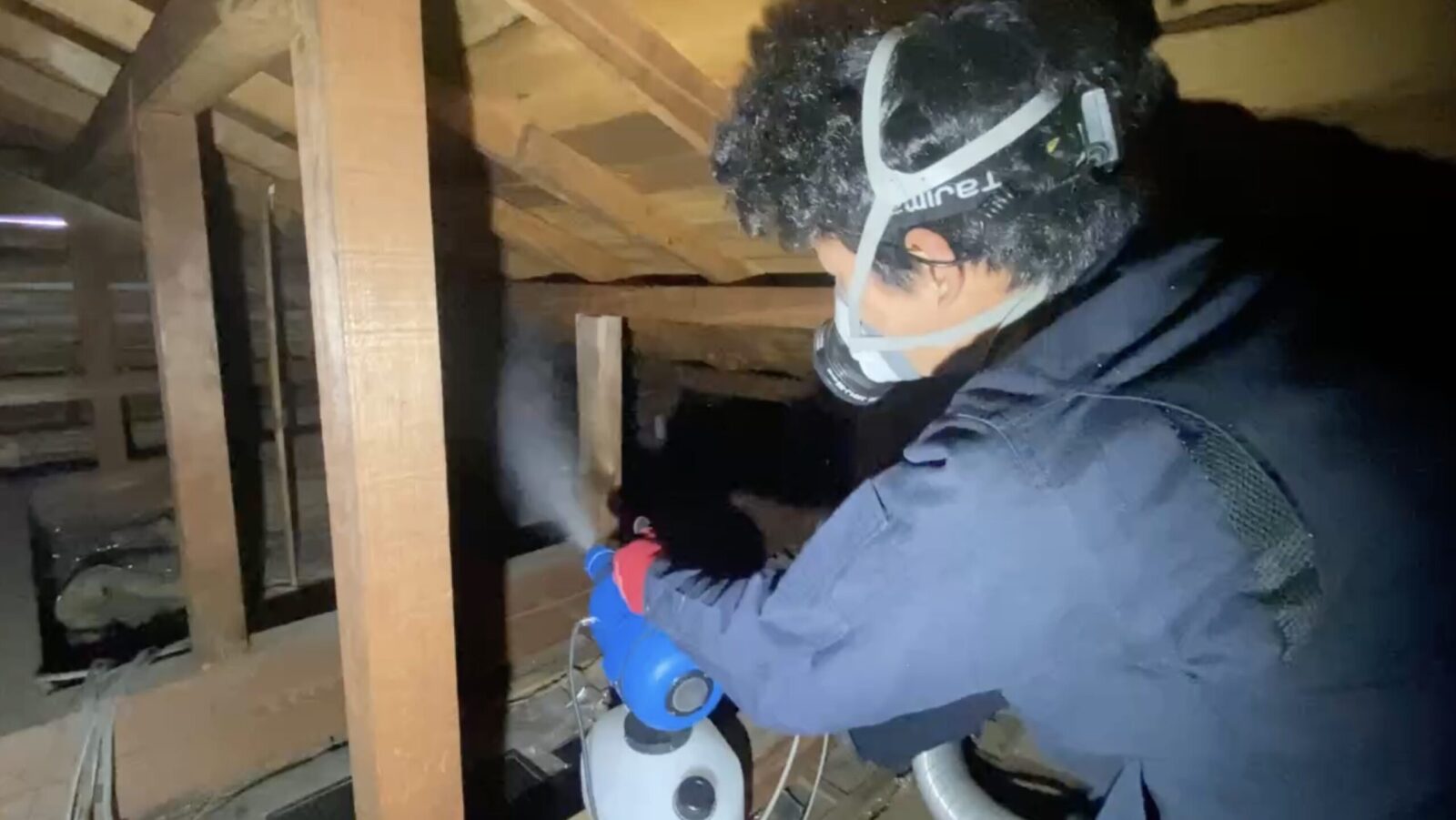 マスクを着けた作業員が、屋根裏で噴霧器から薬剤をまいている場面