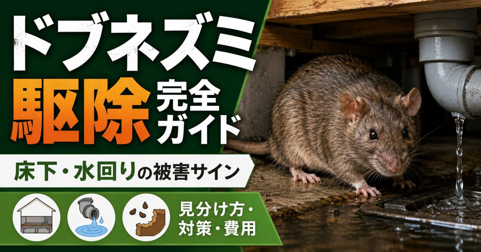 床下や水回りに出やすいドブネズミ被害のサイン、見分け方、対策、駆除費用を解説する記事のアイキャッチ画像