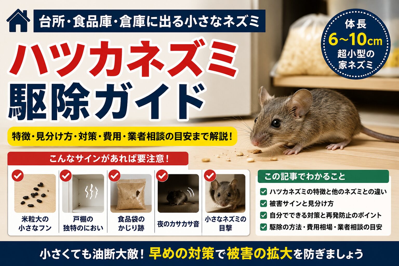 キッチン・食品庫・倉庫に出る小さなハツカネズミの被害サイン、米粒大のフン、食品袋のかじり跡、駆除方法、費用、業者相談の目安を解説するアイキャッチ画像