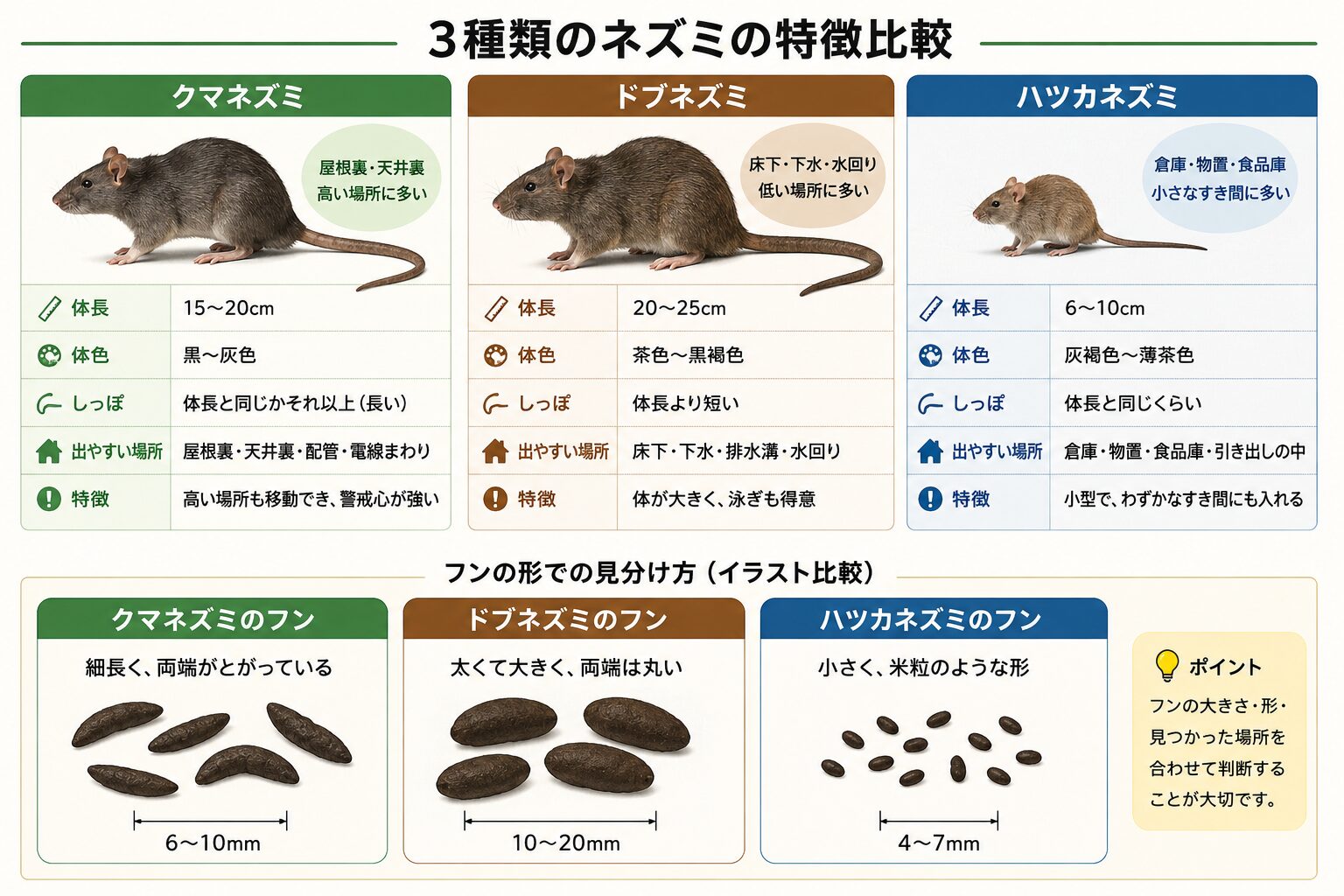 3種類のネズミの特徴と、フンの形や大きさを並べた比較表