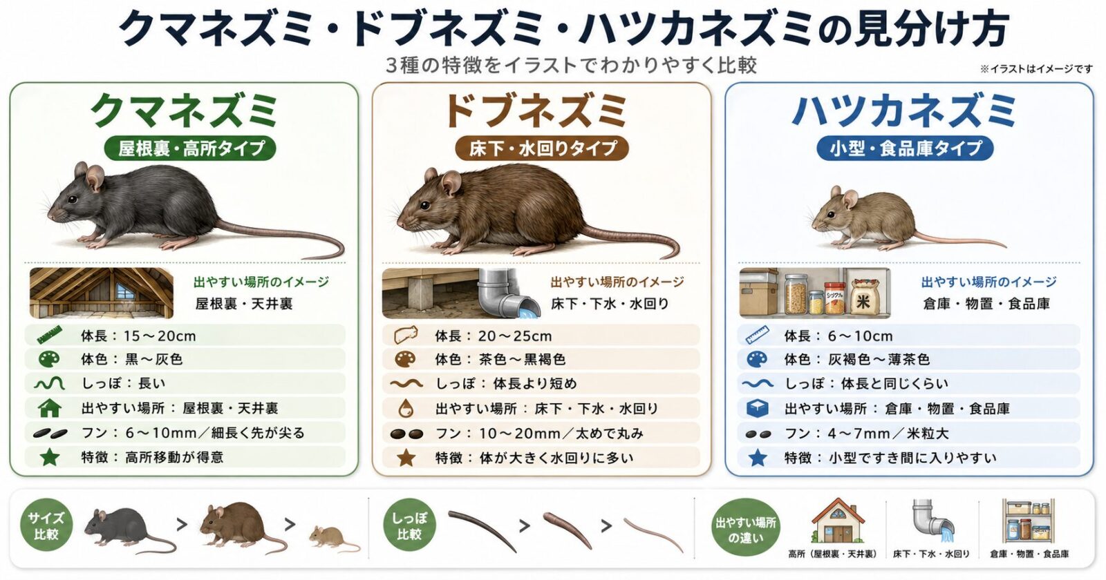 クマネズミ・ドブネズミ・ハツカネズミの体長や体色、出やすい場所を並べた比較イラスト