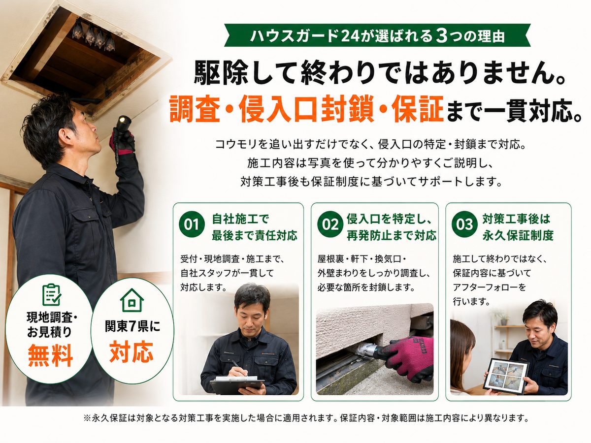 コウモリの現地調査で屋根裏の侵入口を確認する様子