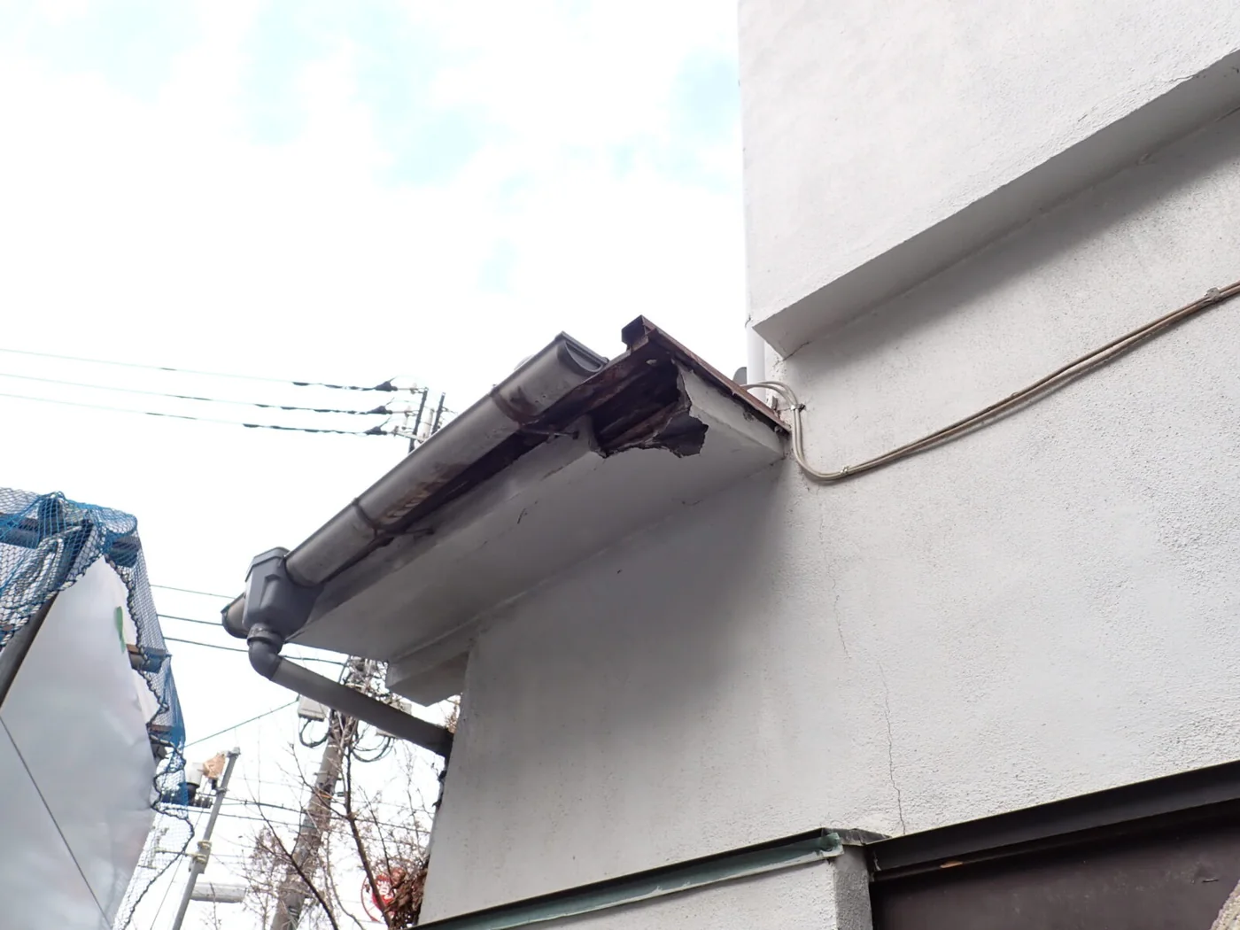 雨どいが付いた軒先の角で、板が欠けて中が見えている穴