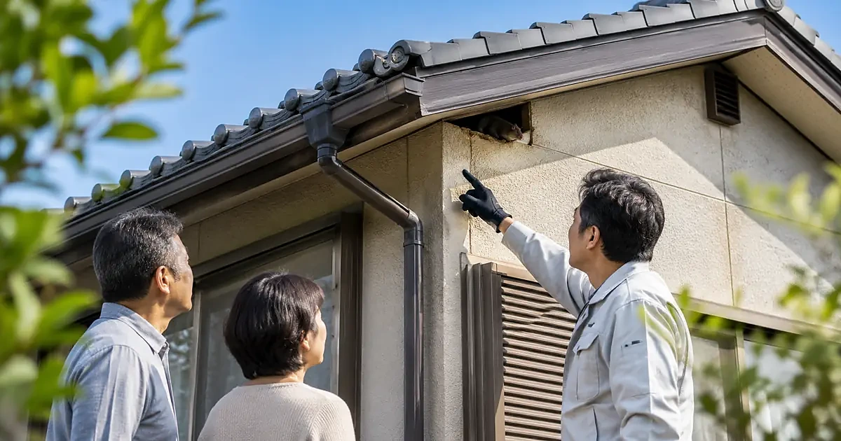 戸建て住宅の屋根裏へのネズミ侵入を確認する住人と害獣駆除の専門作業員