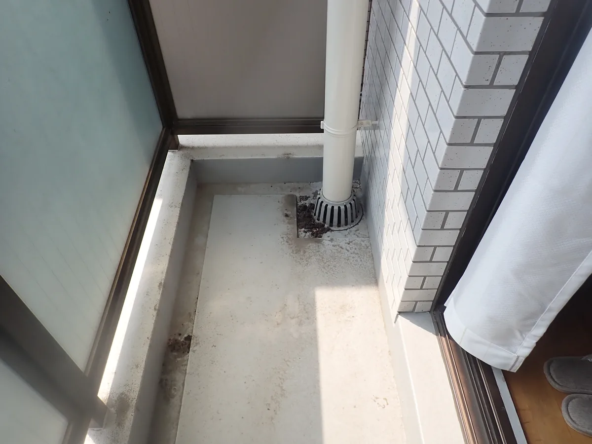 雨どいが下りるベランダの隅で、排水口のまわりに残るフンと汚れ