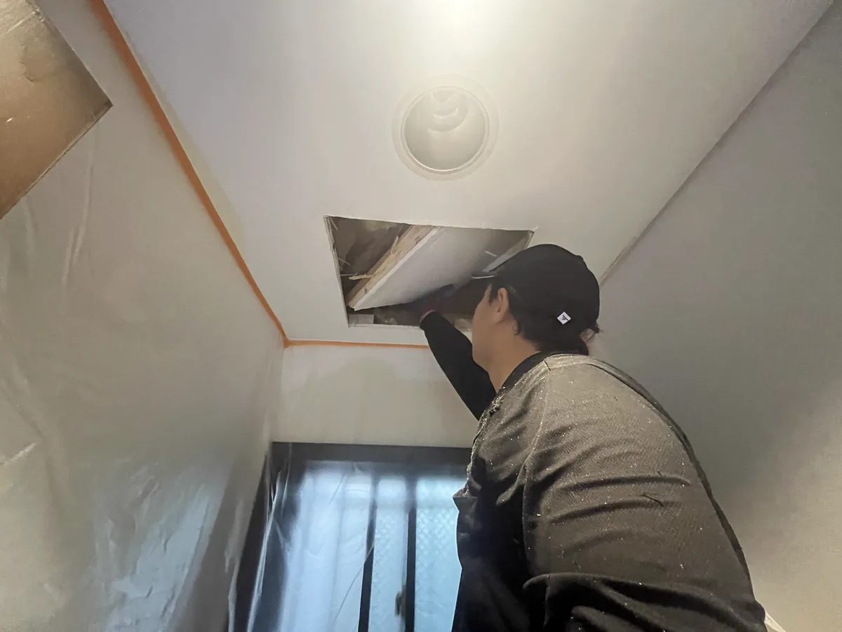 壁をシートで覆った部屋で、作業員が天井の点検口に手を入れて中をのぞく様子